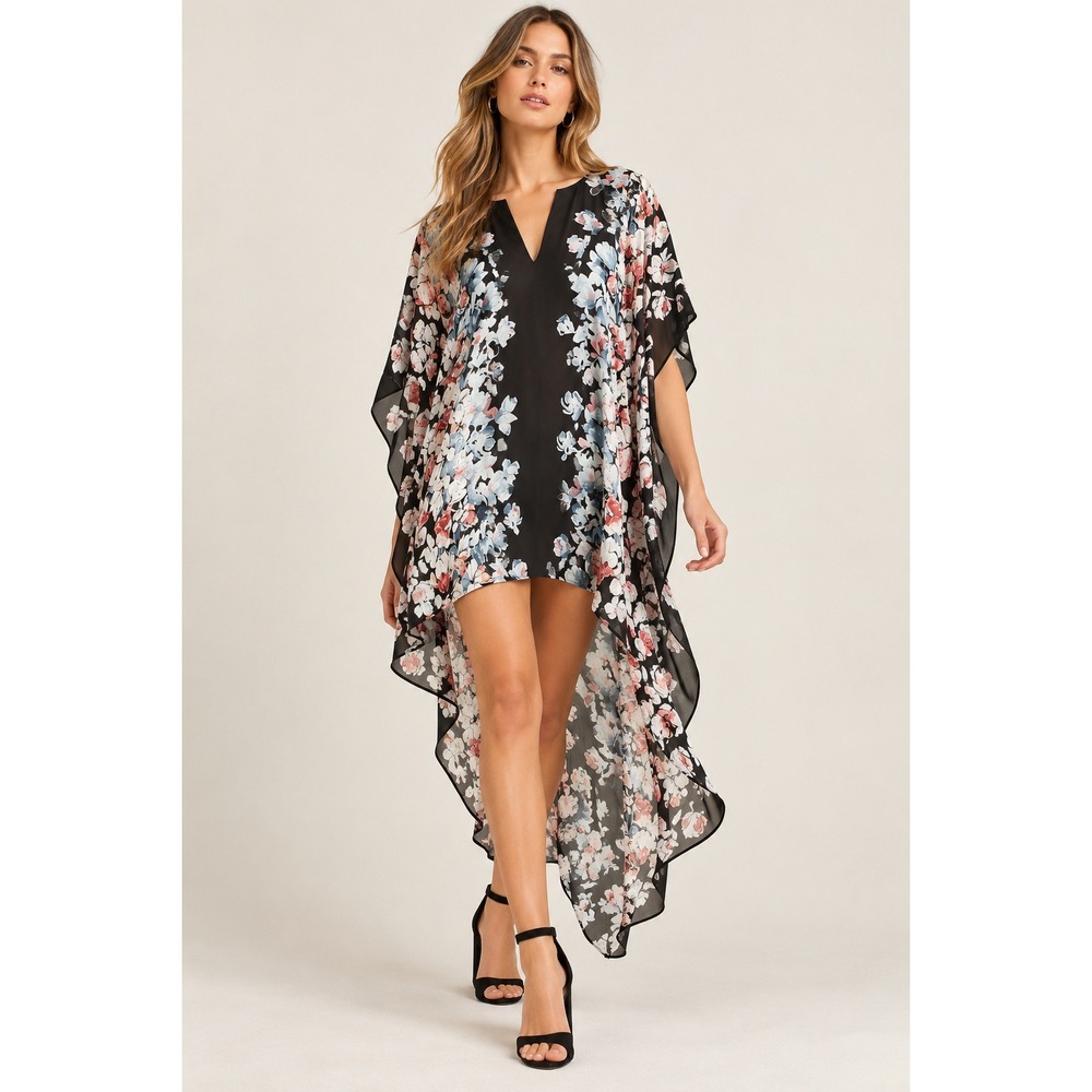 BCBGMAXAZRIA Dameka Floral High Low Kaftan Dress Black M/L